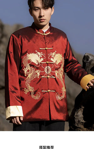 Chinese style dragon pattern embroidery retro Tang suit men's buckle winter cotton-padded jacket - Yandan_Hanfu