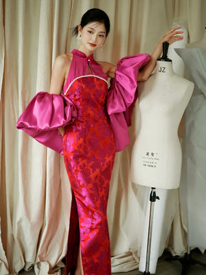 "Chuni" dragon fruit color jacquard cheongsam bride - Yandan_Hanfu