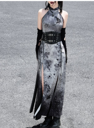 蛇魅 · Wasteland Gray Cheongsam – Split Hem, Off-Shoulder, New Chinese Style - Yandan_Hanfu