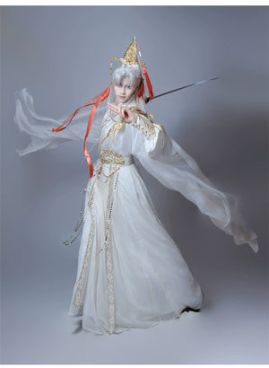 【Radiance of the Dragon】 White Hanfu Ensemble with Cross-Collar, Clouded Shoulders & Embroidered Seal men Unisex - Yandan_Hanfu