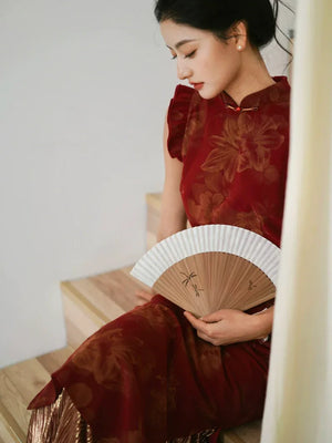 Lotus Step – Red Mermaid Qipao for Wedding, Engagement & Tea Ceremony - Yandan_Hanfu