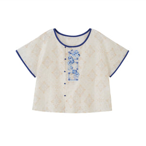 Moonlit Blossoms – Tang Dynasty Inspired Summer Hanfu with Embroidered Round Collar Top & Flowing Skirt - Yandan_Hanfu