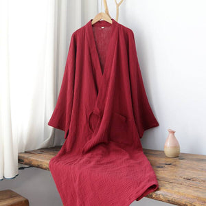 Summer pure cotton Zen robe in deep red, featuring a loose Hanfu design with a front pocket, ideal for warm nights and loungewear comfort.