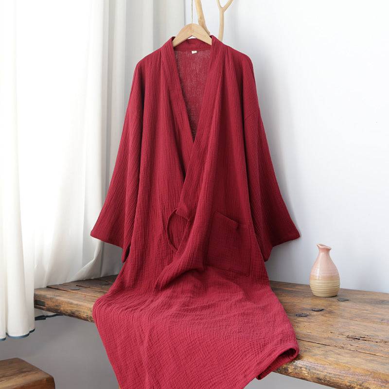 Summer pure cotton Zen robe in deep red, featuring a loose Hanfu design with a front pocket, ideal for warm nights and loungewear comfort.