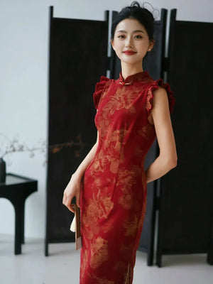 Lotus Step – Red Mermaid Qipao for Wedding, Engagement & Tea Ceremony - Yandan_Hanfu