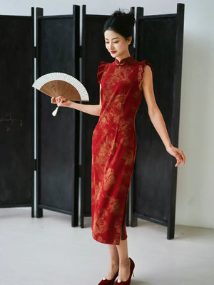 Lotus Step – Red Mermaid Qipao for Wedding, Engagement & Tea Ceremony - Yandan_Hanfu