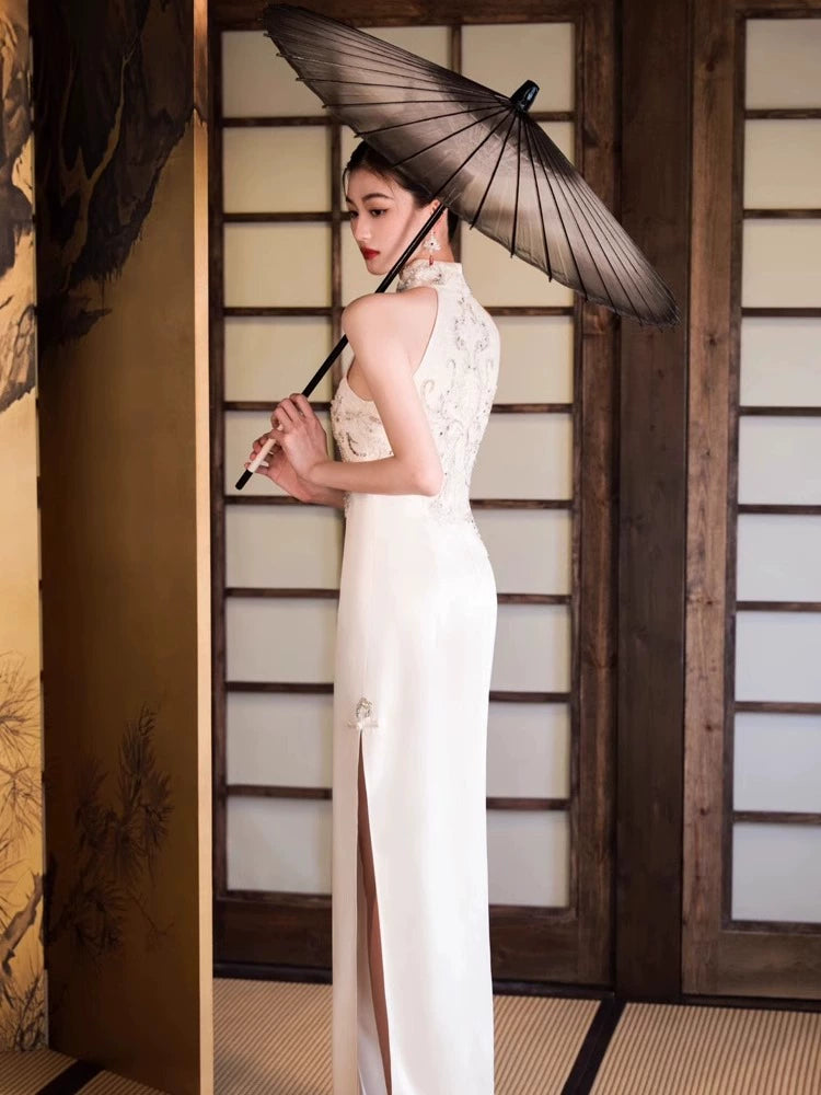 Vestido de novia blanco tipo cheongsam para compromiso