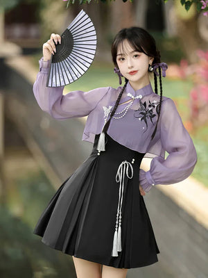 Iris ink butterfly girl exquisite fringed Han element sweet purple cheongsam fairy dress - Yandan_Hanfu