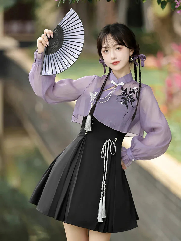 Iris ink butterfly girl exquisite fringed Han element sweet purple cheongsam fairy dress - Yandan_Hanfu