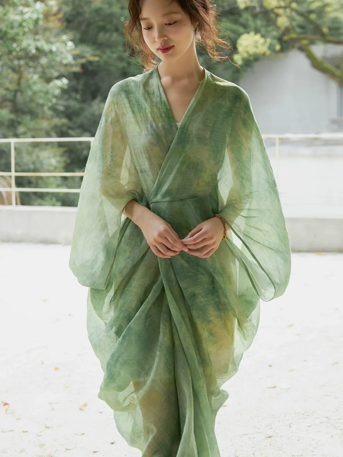 100% Ramie Modern Chinese Dress Green Tie-Dye Print with Loose Silh Green plum / S 100% Ramie Modern Chinese Dress Green Tie-Dye Print with Loose Silh Green plum / S