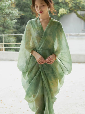 100% Ramie Modern Chinese Dress – Green Tie-Dye Print with Loose Silhouette & Camisole Layer - Yandan_Hanfu