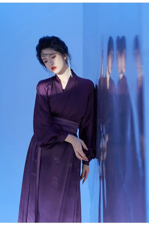 Ming style Hanfu aircraft sleeve top, dark purple gradient horse face skirt - Yandan_Hanfu