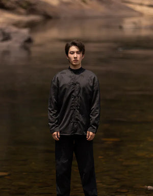 Bamboo leaf print disc buckle Tang suit men's retro Chinese style shirt - Yandan_Hanfu