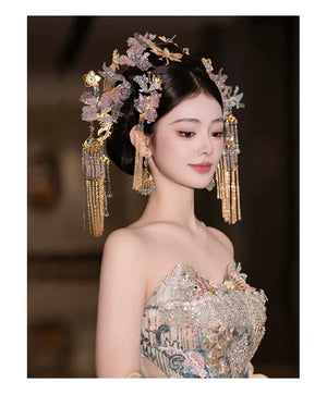 Light Toned Chinese Bridal Hairpin Set – Elegant Floral Headpiece for Hanfu, Qipao - Yandan_Hanfu
