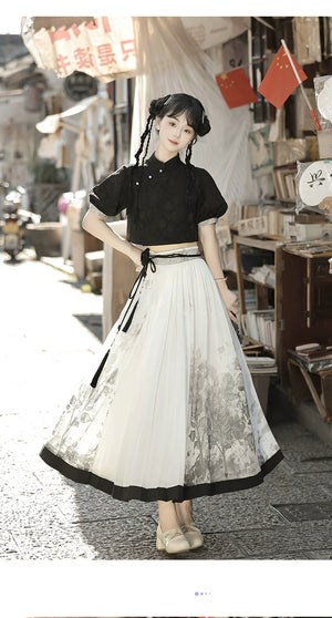 Chinese style black top and white floral skirt set modeled in street scene, perfect for spring and summer casual wear.