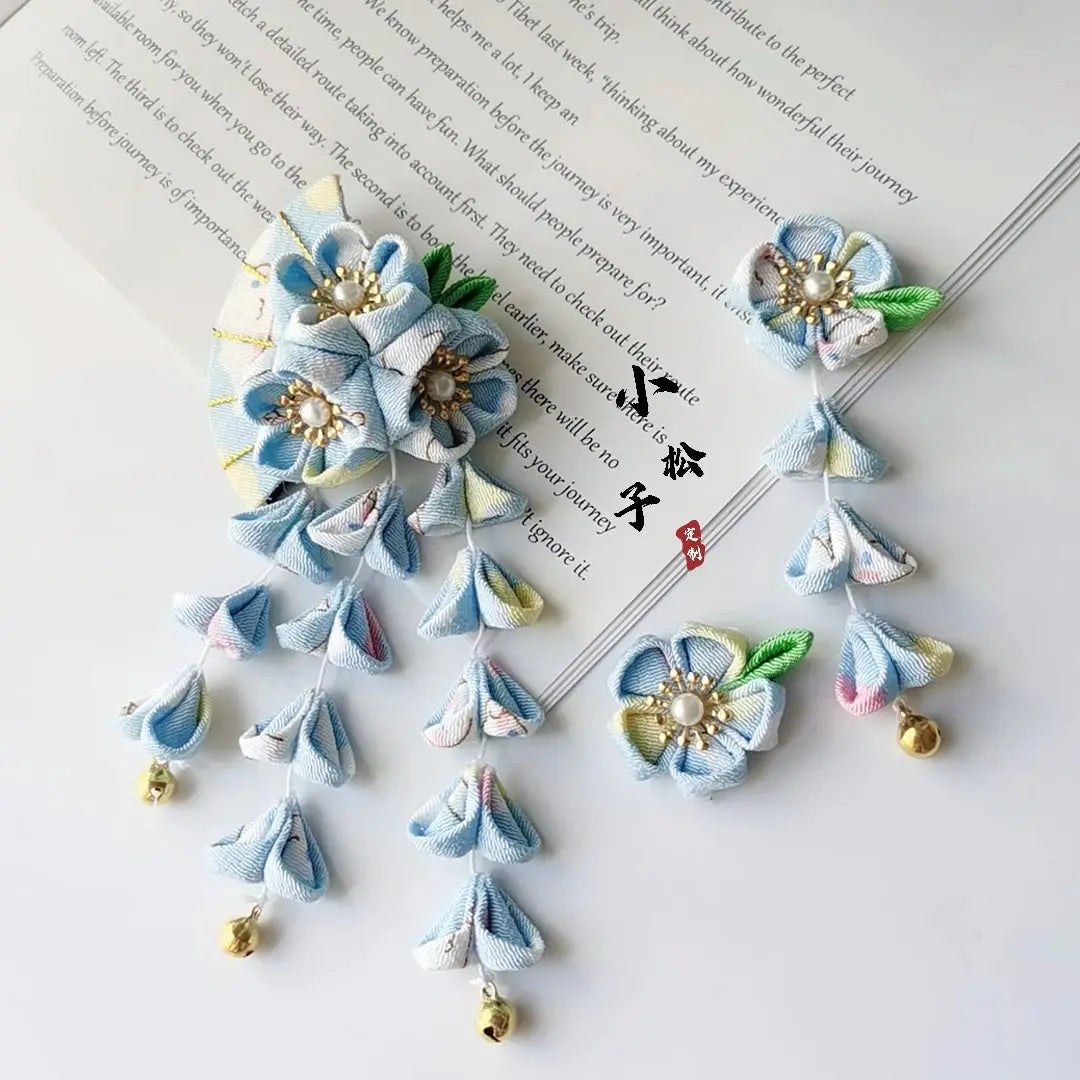 Blue five-petal flower kimono hairpin set with fan and tassel details, ideal for Japanese bath suit or traditional attire.