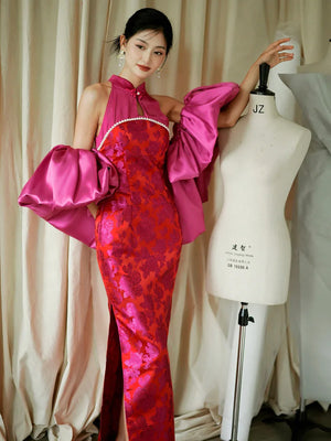 "Chuni" dragon fruit color jacquard cheongsam bride - Yandan_Hanfu