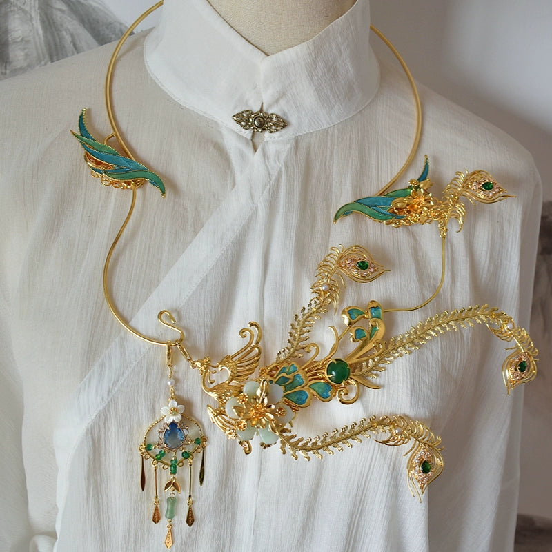 Song of the Peacock Plume – Gold-Plated Hanfu Headdress Set with Tassels & Crown Ornament