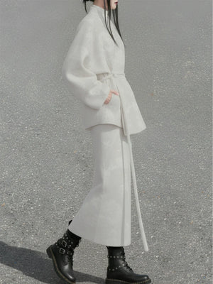 Hydrangea Ivory – Wool Cross-Collar Jacket & Straight Skirt Set | Soft Elegant New Chinese Style Outfit - Yandan_Hanfu