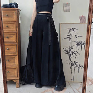 Tied Harmony – Unisex Wide-Leg Pants | New Chinese Style High-Waist Pleated Trousers with Belted Design - Yandan_Hanfu