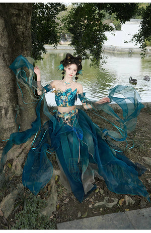 Blue Hanfu butterfly cosplay dress with layered tulle and gold accents, styled for fantasy-themed costume or cultural events.