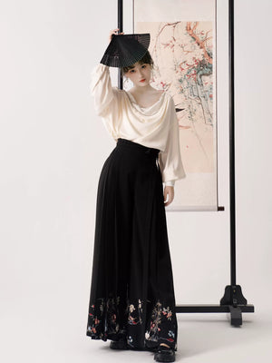 Whispers of Bloom – Floral Crane Set with Horse-Face Pants | Han-Inspired Spring-Autumn Wear - Yandan_Hanfu