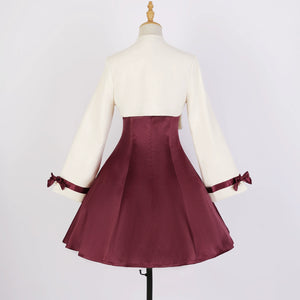Back view of Camellia Lolita cheongsam dress showcasing cream top, burgundy skirt, and ribbon accents on sleeves.