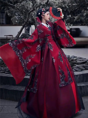Red princess hanbok wedding dress for women – modern Korean palace-style traditional bridal gown with flowing skirt, ideal for photoshoots, events, and cultural ceremonies