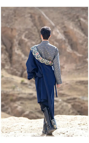 Blue Tibetan Men's Robe – Traditional Winter Coat with Ethnic Style and Modern Elegance - Yandan_Hanfu