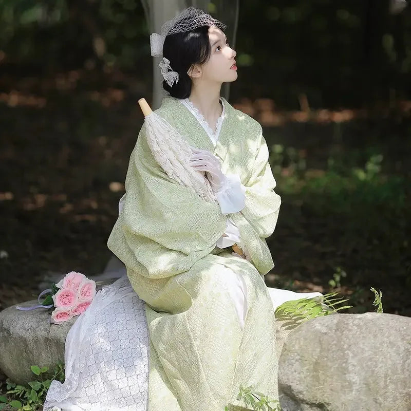 High-end lace Taisho Roman style modified kimono retro dress avocado green - Yandan_Hanfu