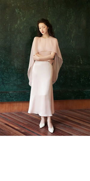 100% Acetate Mulberry Silk Modern Chinese Dress – Versatile Shawl Design, Off-Shoulder Summer Evening Gown - Yandan_Hanfu