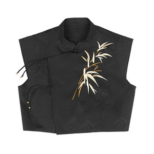 Oriental Grace – Hanfu-Inspired Set | Embroidered Bamboo Tassel Vest with Qipao Collar Top & Mamian Skirt - Yandan_Hanfu