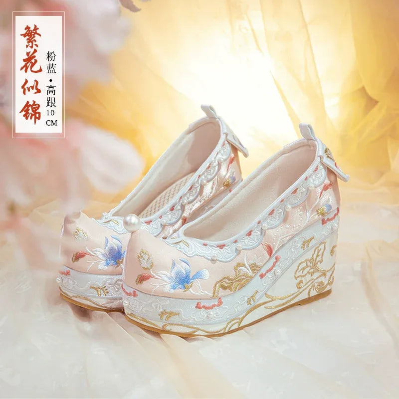 Hanfu Embroidered Heels – Women's Song-Style Qipao Shoes with Pearl Detail & 10cm Lift - Yandan_Hanfu