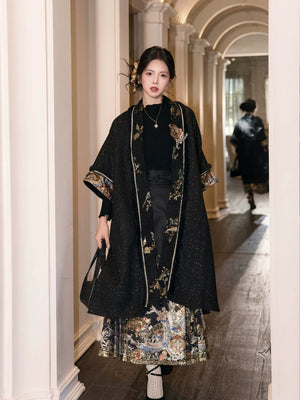 Spring Mountain Dragon – New Chinese Style Hanfu Set | Brocade Ma Mian Skirt with Embroidered Cape and Floral Gold Weave - Yandan_Hanfu