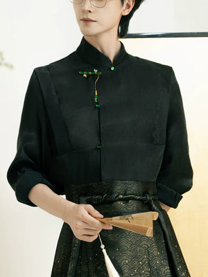Men's modern Chinese outfit with shirt and Mamian skirt alternate view