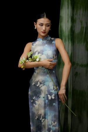 Elegant Modern Chinese-Style Blue Qipao Dress – Vintage-Inspired Long Cheongsam - Yandan_Hanfu
