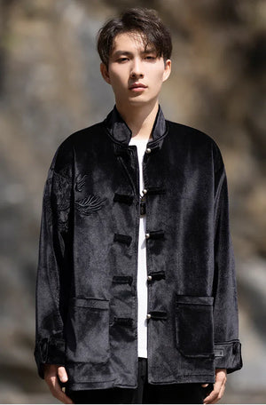 New Chinese Tang style men's button top autumn and winter coat golden velvet - Yandan_Hanfu