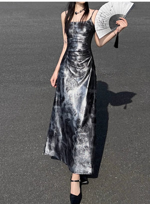 Glossy gray and silver new Chinese atmosphere Spice girl suspender dress Hot silver temperament long dress women - Yandan_Hanfu