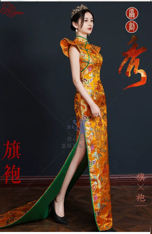 Runway Elegance – Luxury New Chinese Style Mermaid Train Gold Qipao Evening Gown - Yandan_Hanfu