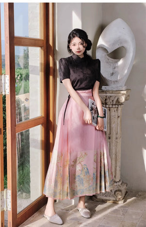 Yu Bai Green & Pink Hanfu Weaving Gold Horse Dress Crane Symphony - Yandan_Hanfu