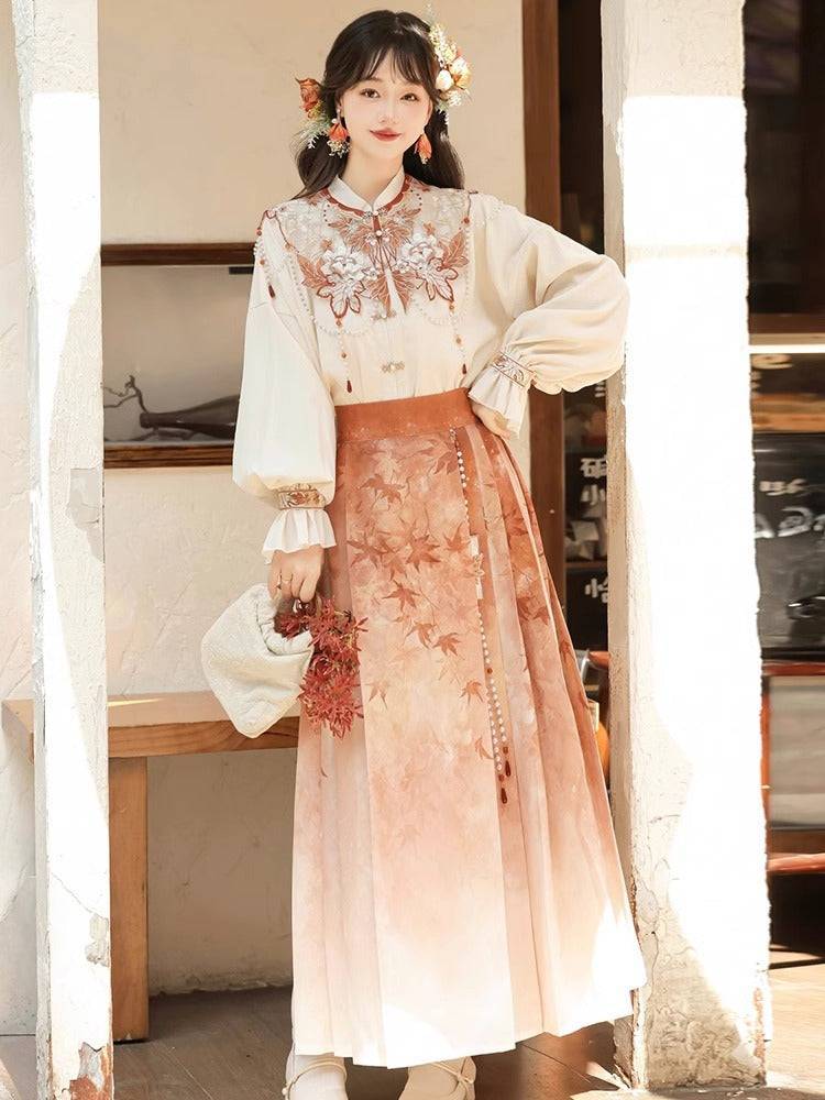 Maple Leaf Hanfu Women's New Chinese Style outfit with floral embroidery and gradient maple leaf skirt, perfect for modern Hanfu fashion.
