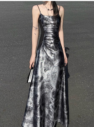 Glossy gray and silver new Chinese atmosphere Spice girl suspender dress Hot silver temperament long dress women - Yandan_Hanfu