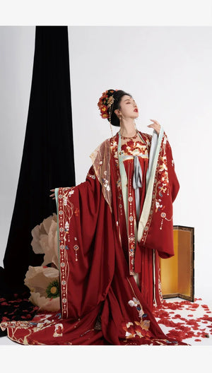 Authentic Tang-Style Bridal Hanfu – Custom Embroidered Red Gown with Flowing Grand Sleeves - Yandan_Hanfu