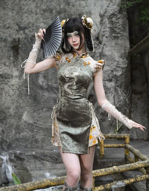 Spring Dragon Festival, Embroidered Short Cheongsam Dress Halloween - Yandan_Hanfu