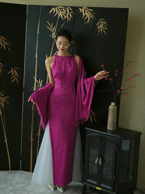 "Rose Hairpin" Dragon Fruit Color Piece Cheongsam Bridal Wedding Dress Engagement - Yandan_Hanfu