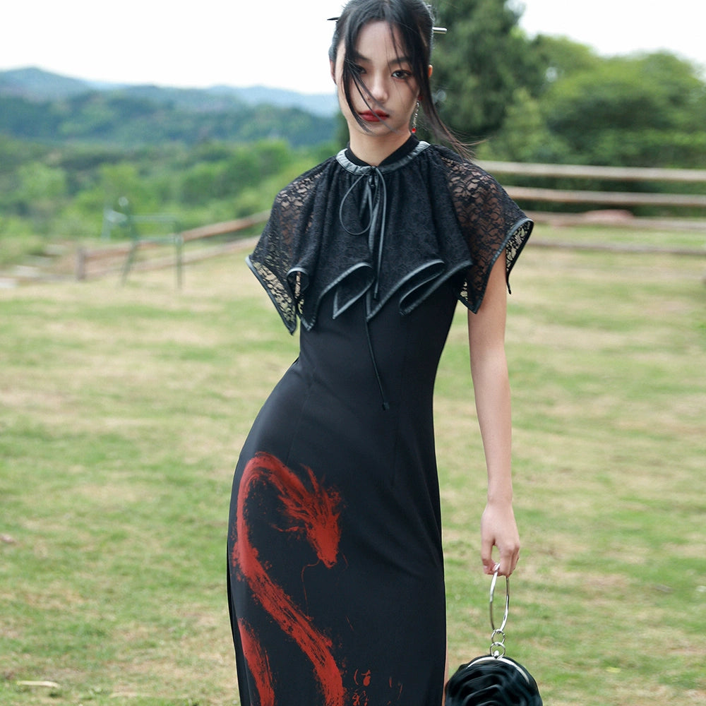 Dark Gothic Shawl Women's Summer Vintage Irregular Lace Short Cloak styled with a black dress featuring red brushstroke design in outdoor setting.