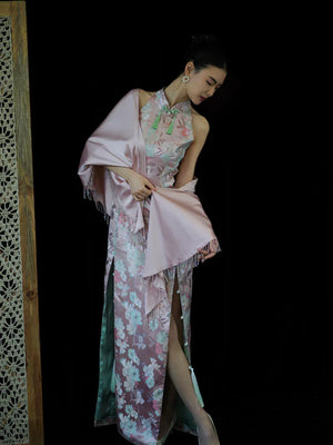 "Pink Bell" Pink Jacquard Bell Cheongsam/Qipao Shawl Bridal Dress - Yandan_Hanfu