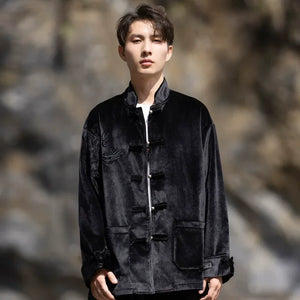 New Chinese Tang style men's button top autumn and winter coat golden velvet - Yandan_Hanfu