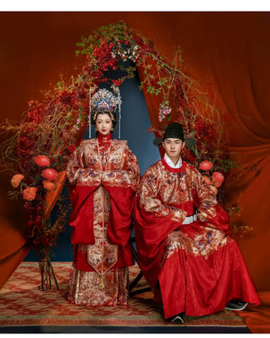 Ming-Dynasty wedding clothes round neck robe men's stand-up collar large-sleeved jacket Xiacheng horse face skirt women's Hanfu - Yandan_Hanfu