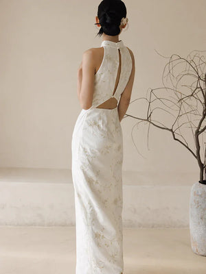"Qianzhi" white embroidered shawl showing thin backless cheongsam bride wedding dress toast engagement - Yandan_Hanfu